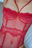 Red Lace Splicing Mesh Teddy Lingerie