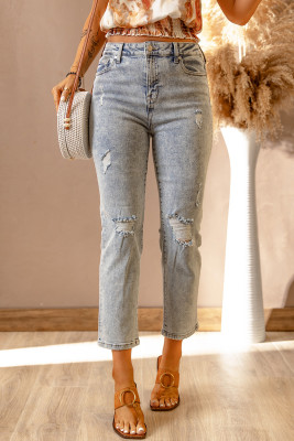 Sky Blue Light Wash Ripped Straight Leg High Rise Jeans