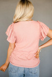 Pink Ruffled Rib Knitted Short Sleeve T Shirt