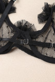 Black Embroidered Dot Tulle Bra and Thong Set