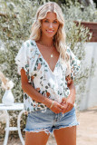 White Floral Print Buttons Tiered Ruffled Shot Sleeve Shirt