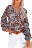 Red Floral Print V Neck Long Puff Sleeve Top