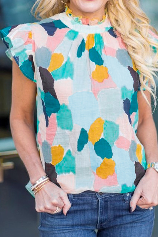 Green Ruffle Cap Sleeve Frill Mock Neck Printed Top