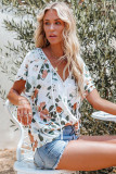 White Floral Print Buttons Tiered Ruffled Shot Sleeve Shirt