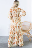 Orange Wrap V Neck Maxi Floral Dress with Side Slit