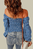 Blue Square Neck Puff Sleeve Floral Smocked Top