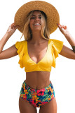 Yellow Floral Ruffled Hem High Waist Bikini Set