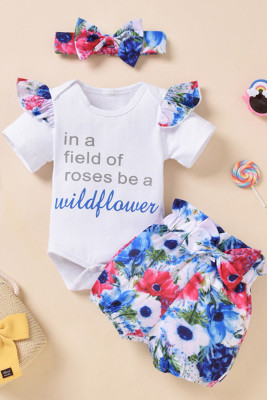 Floral Print Baby Romper with Shorts and Bow 3pcs Set