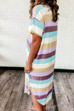 Striped Color Block V Neck T Shirt Midi Dress