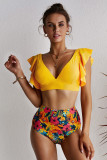 Yellow Floral Ruffled Hem High Waist Bikini Set