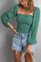 Green Square Neck Puff Sleeve Floral Smocked Top