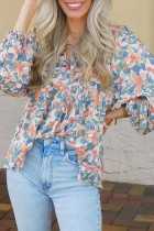 Green Floral Print Lace Up Blouse