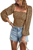 Khaki Square Neck Puff Sleeve Floral Smocked Top