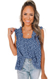 Sky Blue Floral Ruffled Straps Flowy Tank Top