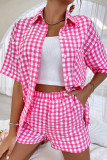 Pink Checked Buttoned Down Open Shirt and Shorts 2pcs Set