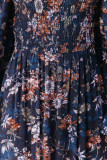 Blue Smocked Off Shoulder Side Slit Floral Dress