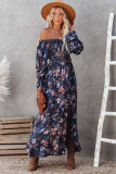 Blue Smocked Off Shoulder Side Slit Floral Dress