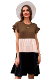 Khaki Ruffled Short Sleeve Colorblock Mini Dress