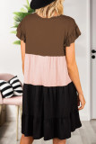 Khaki Ruffled Short Sleeve Colorblock Mini Dress
