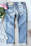Sky Blue Flamingo Patches Distressed Straight Jeans