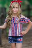 Multicolor Stars and Stripes Ruffled Off Shoulder Girls Top