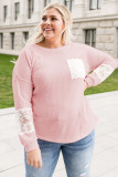 Pink Lace Patchwork Waffle Knit Plus Size Blouse