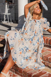 White Floral Print Puff Sleeve Square Neck Plus Size Dress