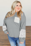 Gray Lace Patchwork Waffle Knit Plus Size Blouse