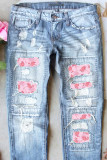 Sky Blue Flamingo Patches Distressed Straight Jeans