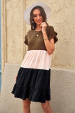 Khaki Ruffled Short Sleeve Colorblock Mini Dress