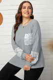 Gray Lace Patchwork Waffle Knit Plus Size Blouse
