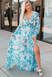 Sky Blue Wrap V Neck Floral Maxi Dress