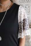 Black Ribbed Leopard Bell Sleeve Top