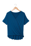 Blue Short Sleeves Drape Knit Top