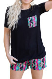 Black Aztec Pocketed Tee and Shorts Set