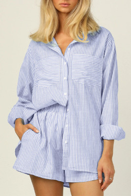 Pocketed Stripe Open Button Top with Shorts 2pcs Set Loungewear 