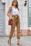 Khaki Solid Color Frock-style Pants with Belt