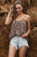 Khaki Leopard Print Spaghetti Strap Pleated Flowing Tank Top