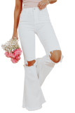 White Distressed Hollow-out Knee Frayed Flare Jeans