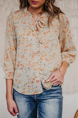 Floral Print Lace Up V Neck Buttoned Shirt
