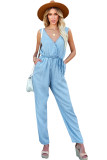 Sky Blue Pocketed Chambray Sleeveless Jumpsuit