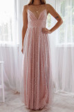 Pink Spaghetti Straps Backless Sequin Tulle Gown