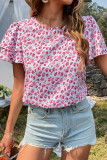Pink Floral Print Tiered Short Sleeves Top 