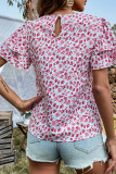 Pink Floral Print Tiered Short Sleeves Top 