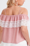 Pink Off Shoulder Lace Patchwork Plus Size Short Sleeves Top
