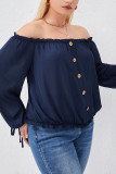 Navy Off Shoulder Button Down Gathering Hem Plus Size Long Sleeves Top
