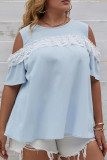 Baby Blue Cold Shoulder Lace Splicing Plus Size Short Sleeves Top