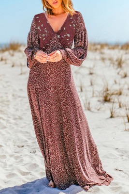 V Neck Puffy Sleeve Maxi Floral Dress