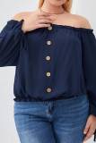 Navy Off Shoulder Button Down Gathering Hem Plus Size Long Sleeves Top
