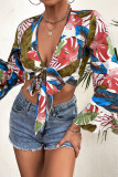 Tropical Floral Print Flare Sleeves Front Tie Crop Top